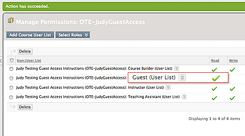 Confirmation of Add Course User List for Guest Access Screenshot