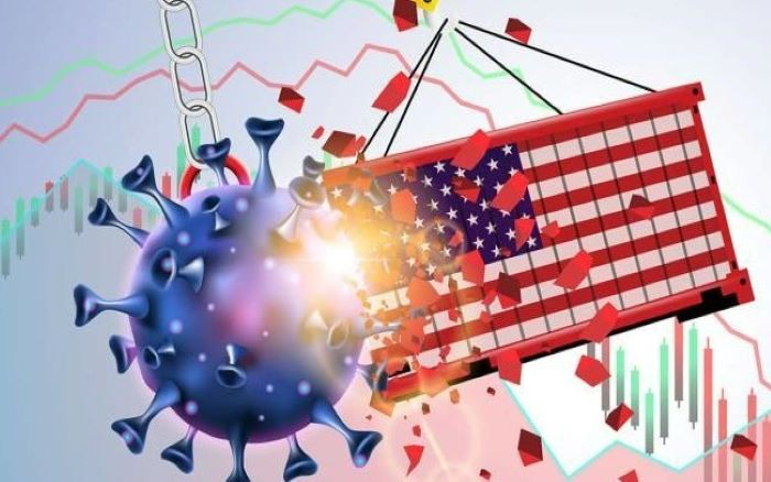 A US flag collides with a virus molecule