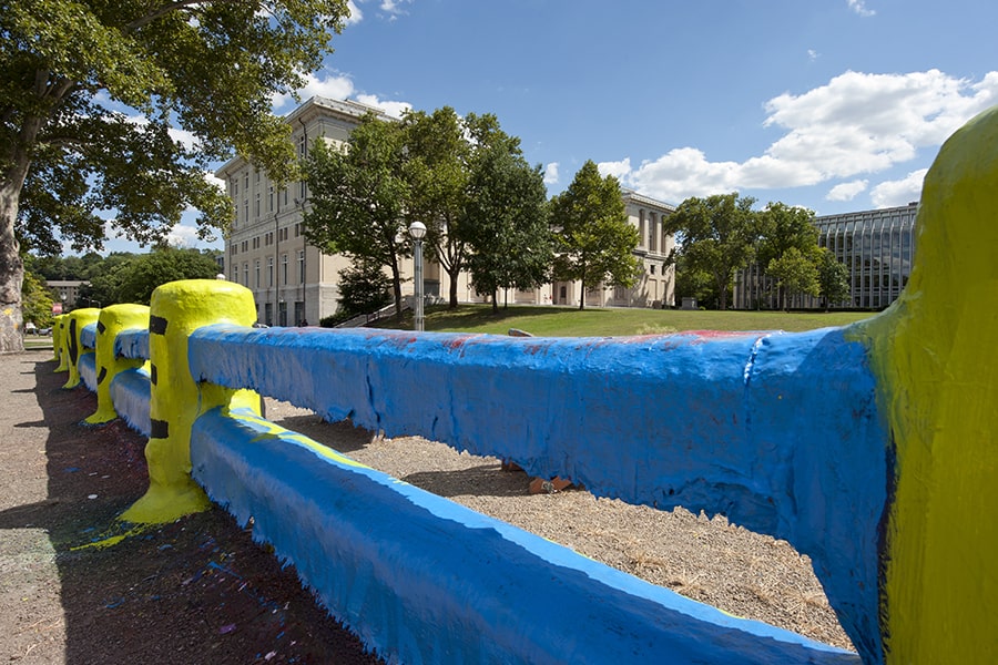 A photo of the CMU fence