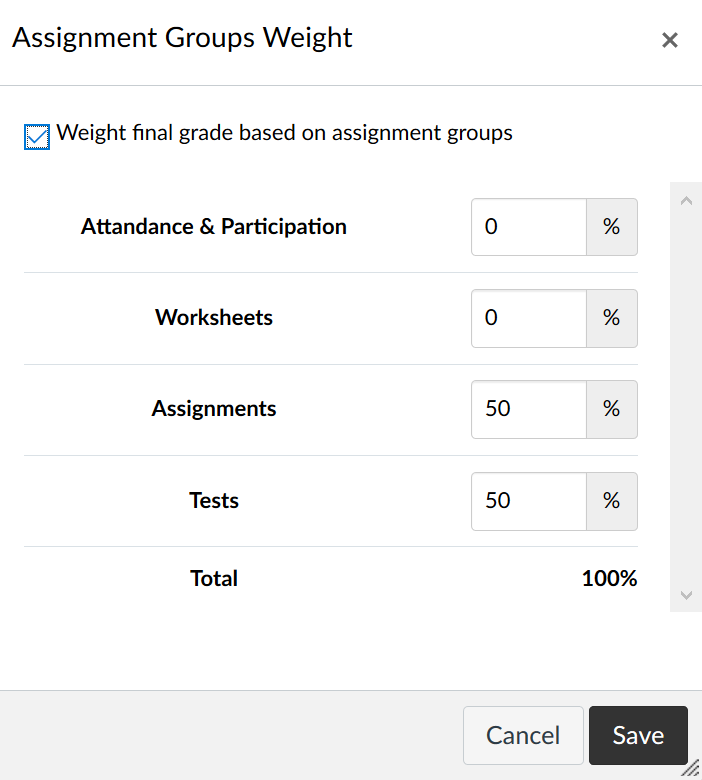 Checked “Weight final grade based on assignment groups” box