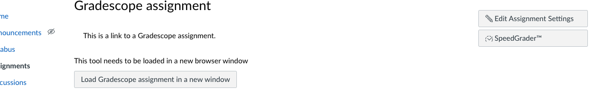 “Load Gradescope assignment in a new window” button