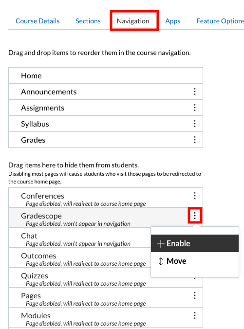 enable gradescope in navigation image