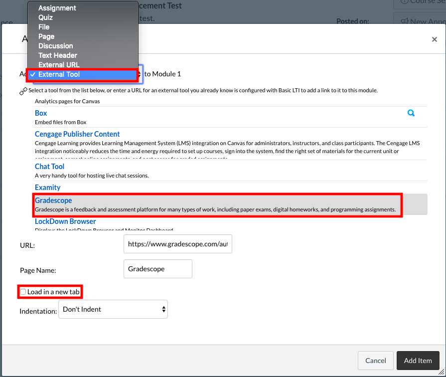 gradescope external tool selector box