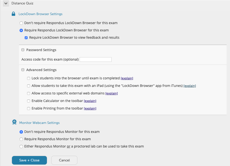 the settings for your Quiz