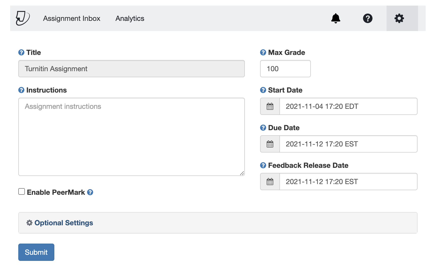 Image of turnitin assignment screen