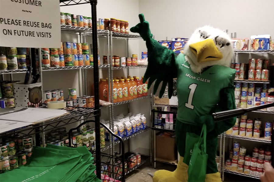 A mascot in a food pantry
