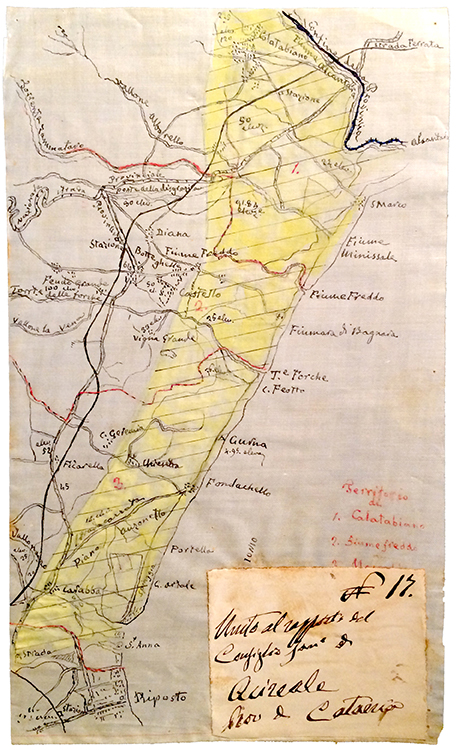 Map of malarial areas on the coast of Sicily around Acireale, April 21, 1881