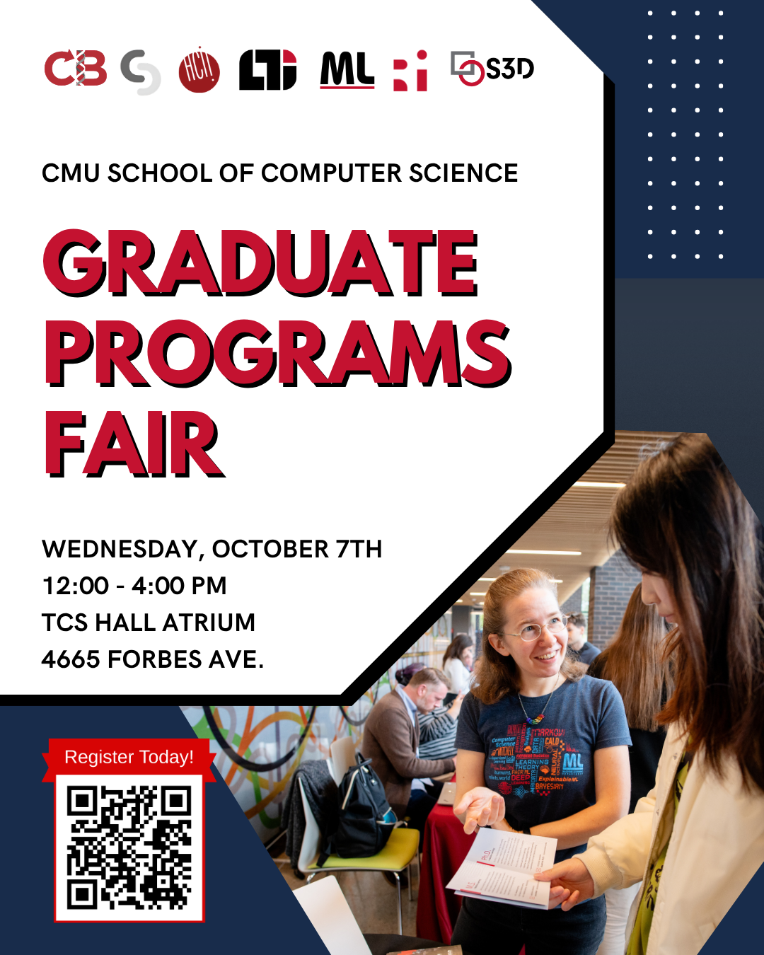 Infographic containing a QR code to register for the graduate programs fair on October 7, 2026