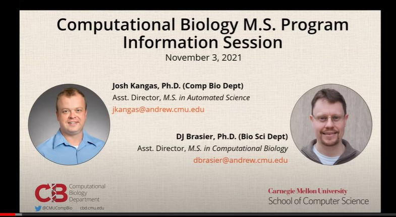 Joshua Kangas and Daniel J. Brasier informational webinar for Computational Biology Master programs