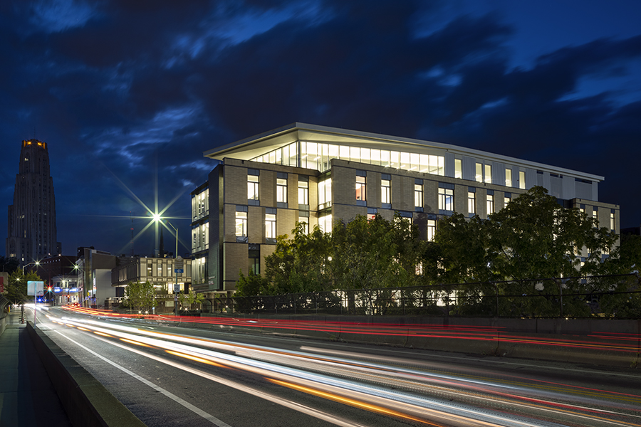 TCS Hall exterior at night