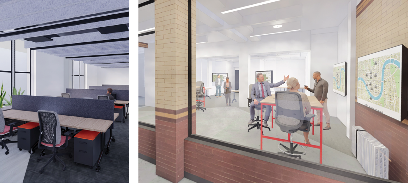 Two architectural renderings of AIS lab spaces: Science on display and PhD student office space