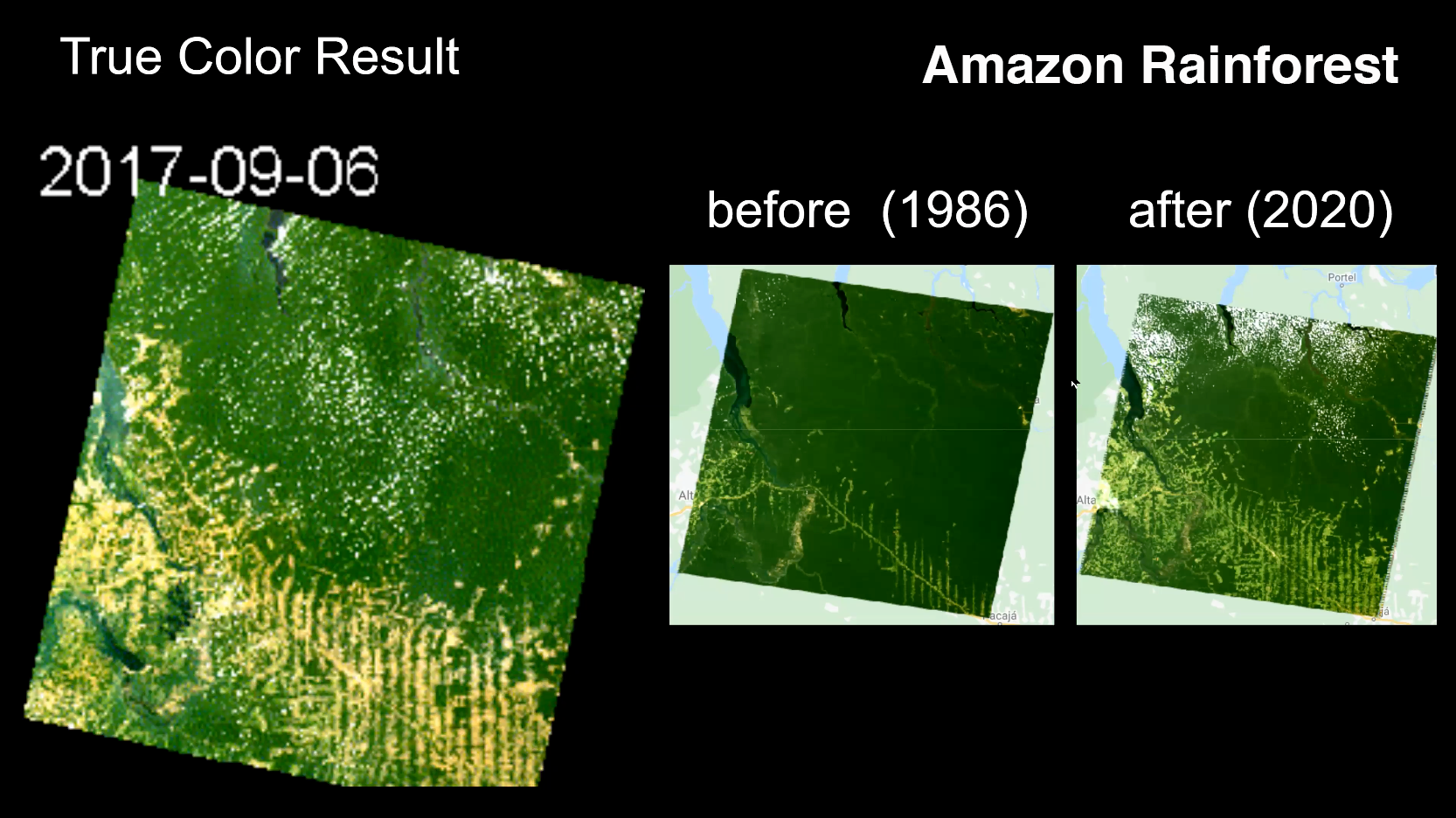 Satellite image of the amazon rainforest from 1986-2020