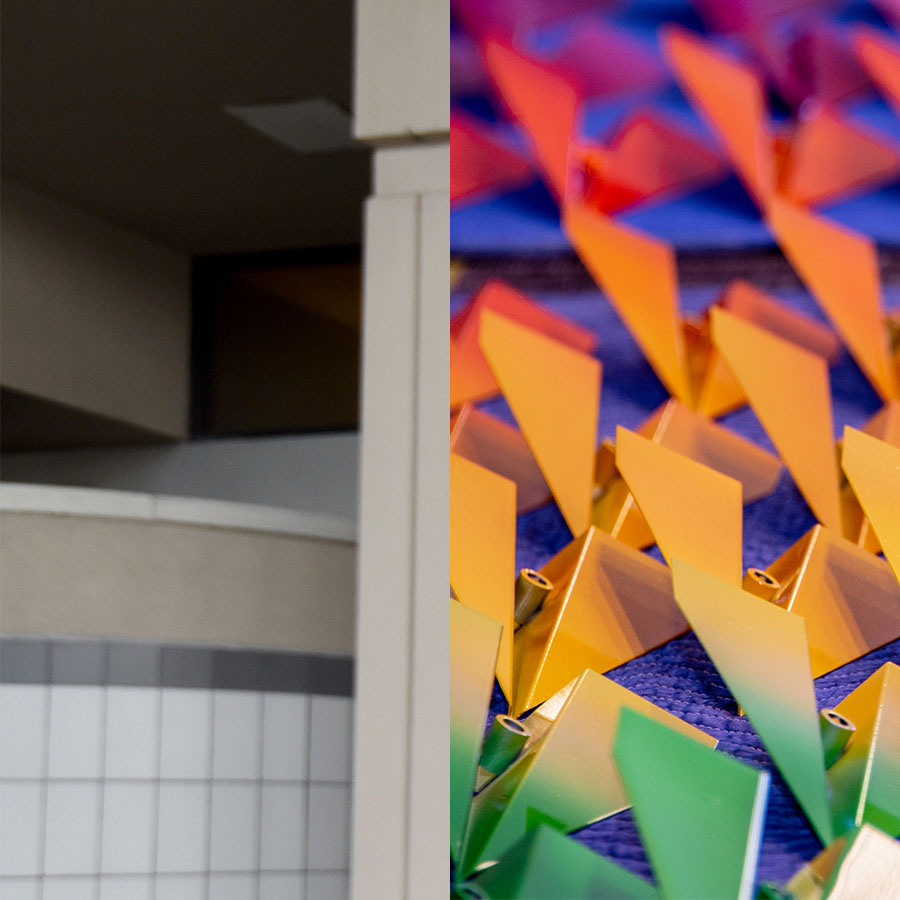 Photo comprised of two halves: blocky gray exterior of airport and colorful metal paper airplanes.