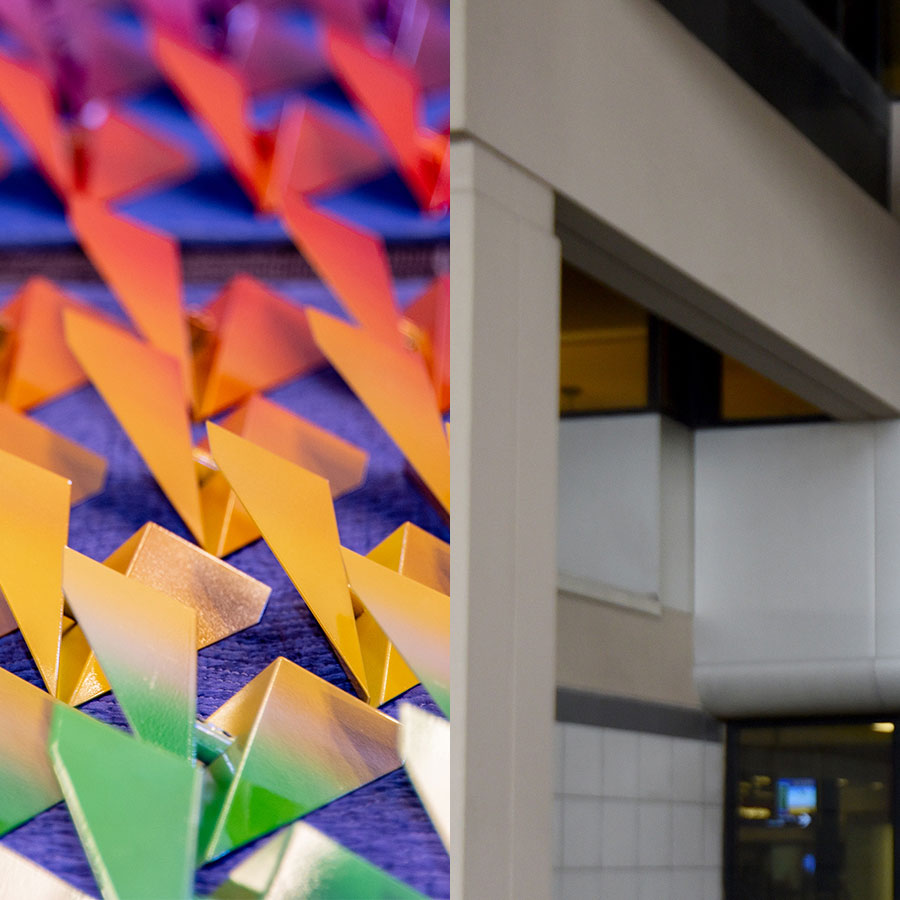 Photo comprised of two halves: colorful metal paper airplanes and blocky gray exterior of airport.
