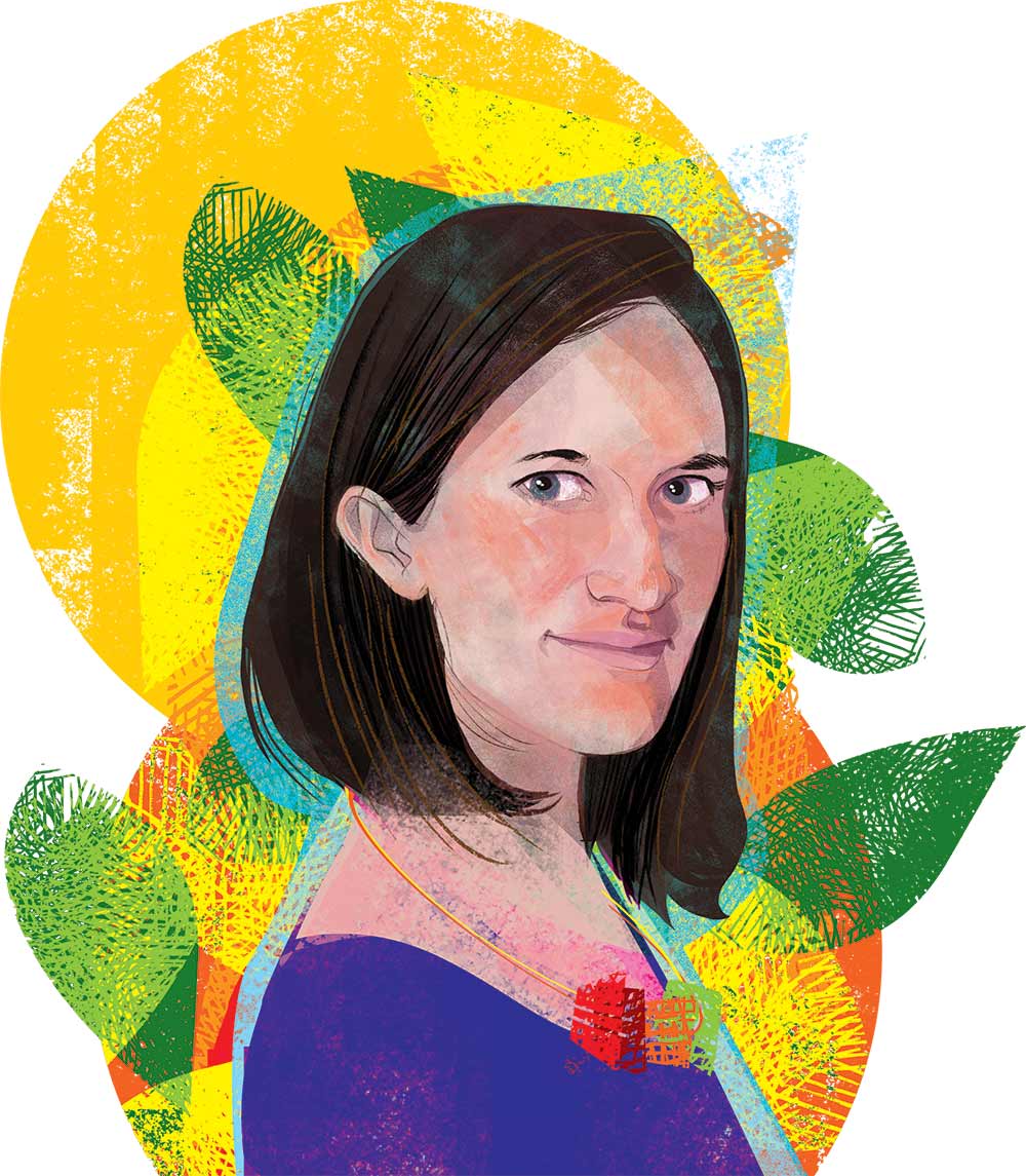 Andrea Love, illustrated surrounded by warm, glowing circles and abstract leaf shapes.