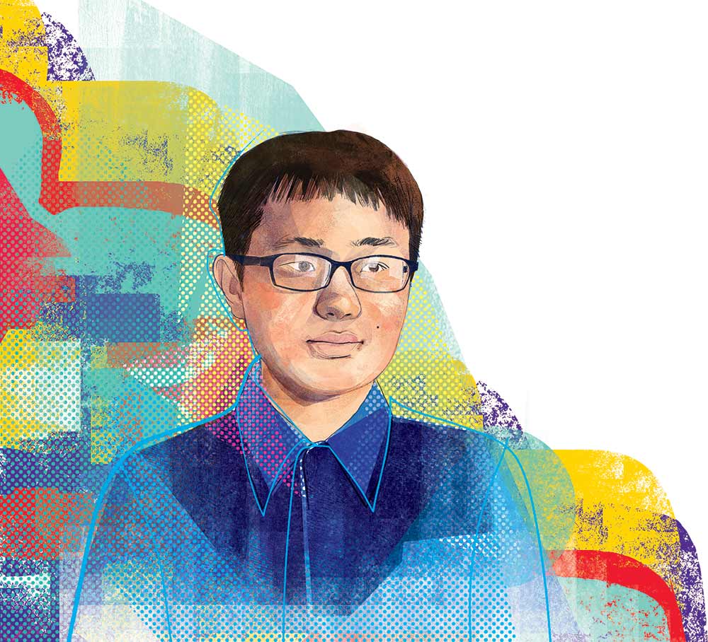 Lingdong Huang, illustrated with red, teal, gold, and purple bubbles of color in the background