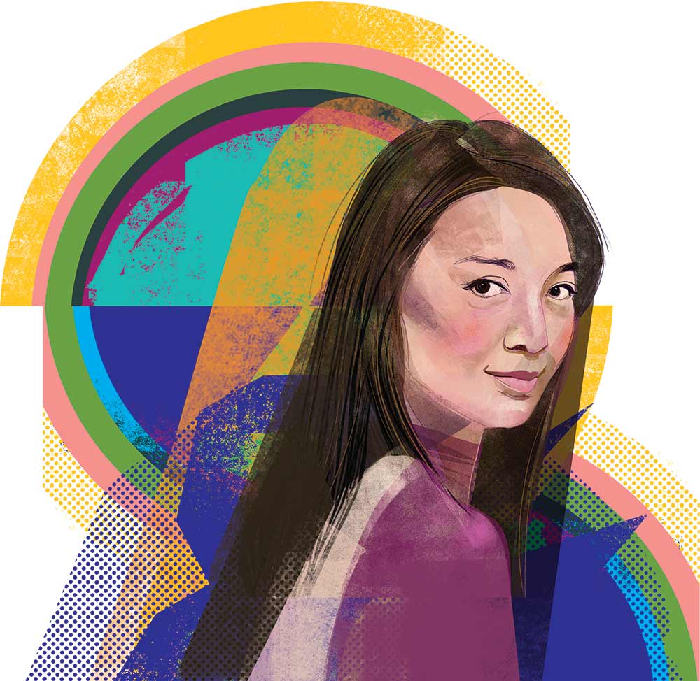 Ming-Na Wen, illustrated with a background of gold and bright blue circles.