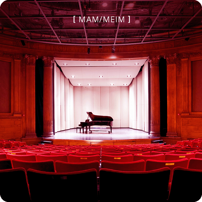Concert hall with a grand piano in focus