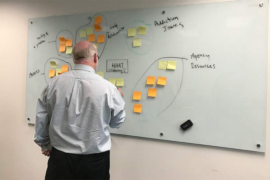 Workshop attendant at a whiteboard with Post-Its.