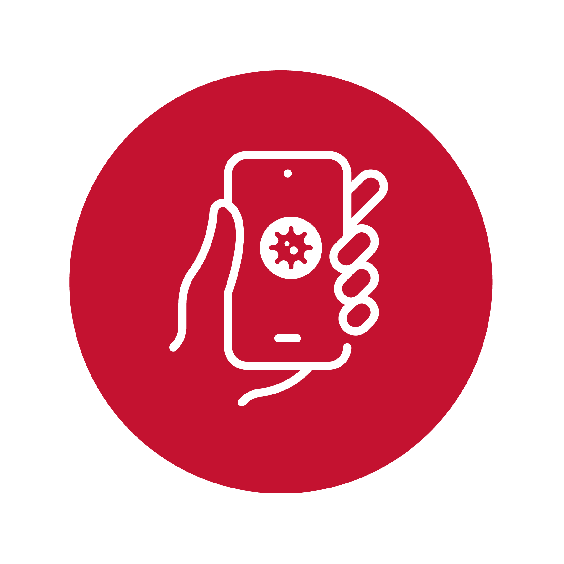 Icon of a hand holding a phone with an icon of COVID-19 on it.