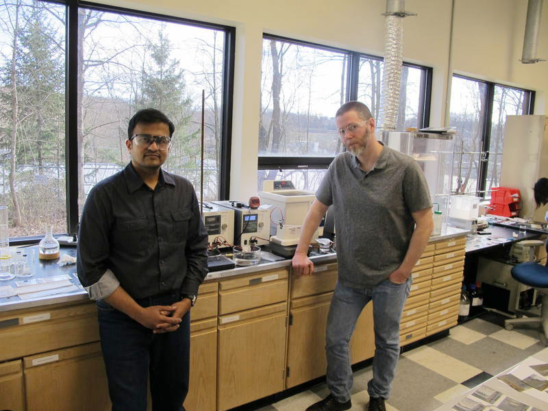  LumiShield Chief Technology Officer Hunaid Nulwala (L) and LumiShield CEO Dave Luebke are hoping to scale up their technology from their Robinson Township lab. Mark Nootbaar / 90.5 WESA