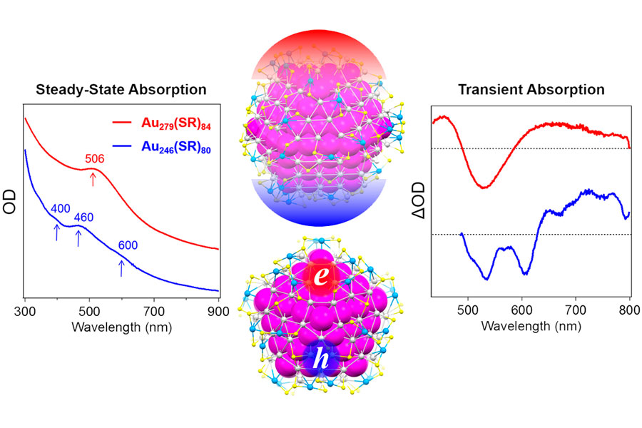 graphs and molecule diagrams showing gold nanoclusters and transition from nonmetallic to metallic