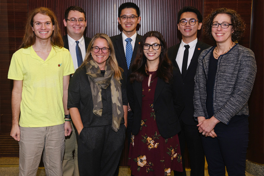 MCS Scholars (L-R) Eric Barrett, Mason Miles, Quchen Zhou, Christina Banuelos and Mike Dong. Also pictured Nancy Felix and Maggie Braun.