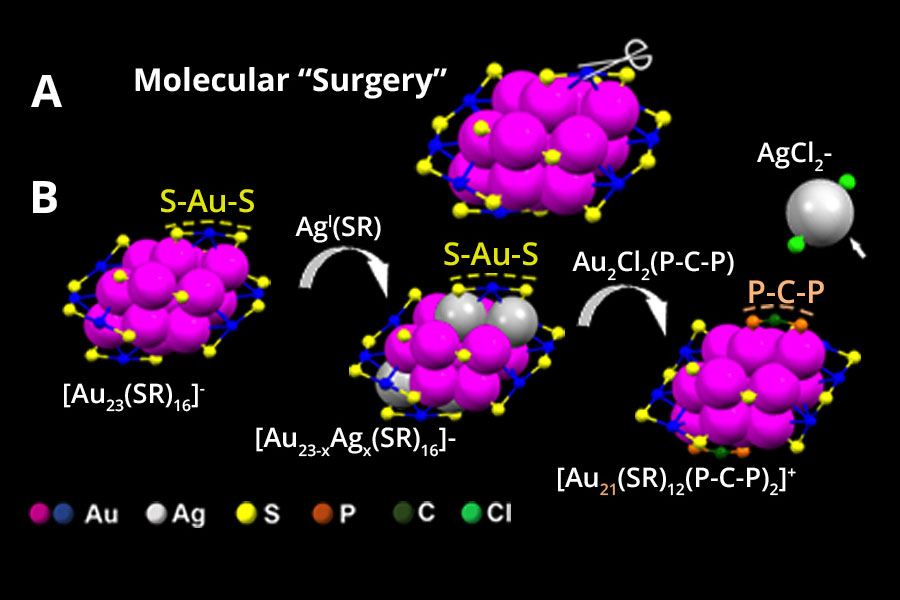 Schematic of molecular surgery on a 23-atom gold nanoparticle
