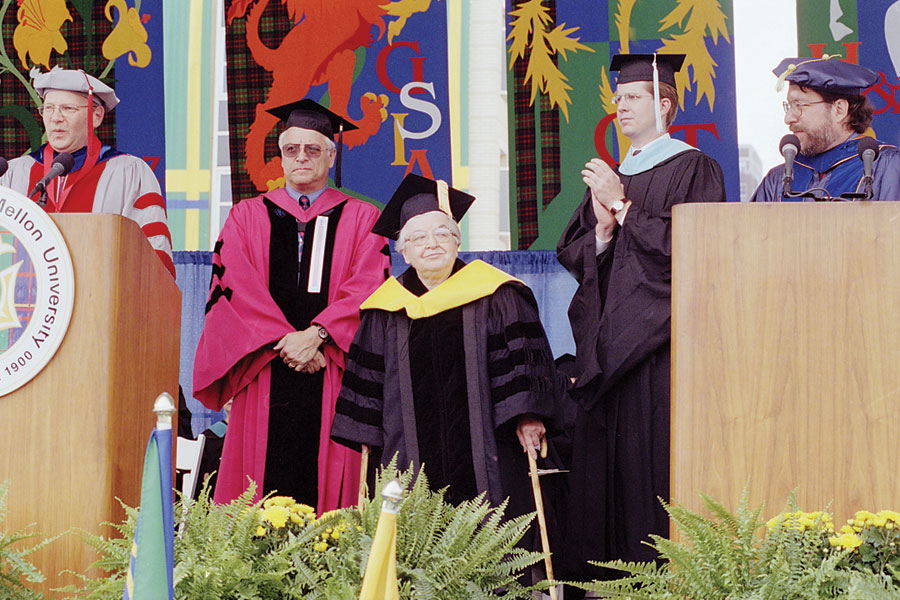 Stephanie Kwolek, who earned her bachelor's degree in chemistry from CMU in 1946, receives an honorary degree from the university in 2001.