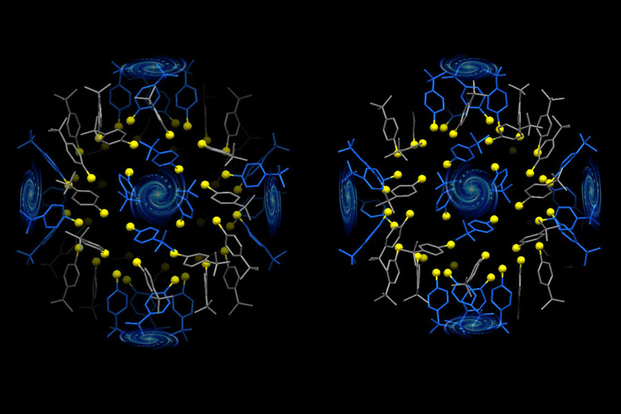 Gold molecule structure featuring galaxy-like swirls