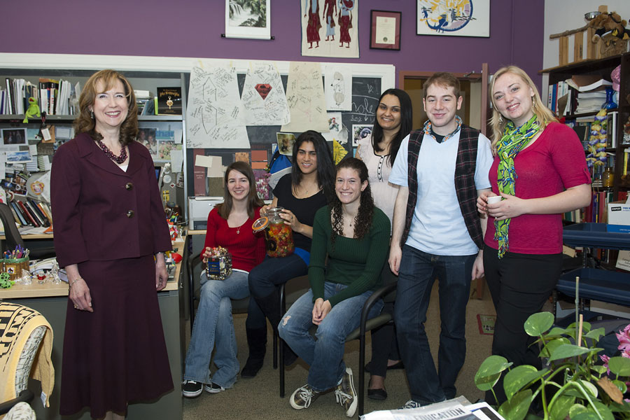 Karen Stump with students in her office