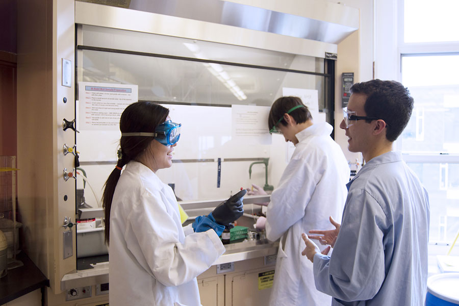 students at laboratory hood