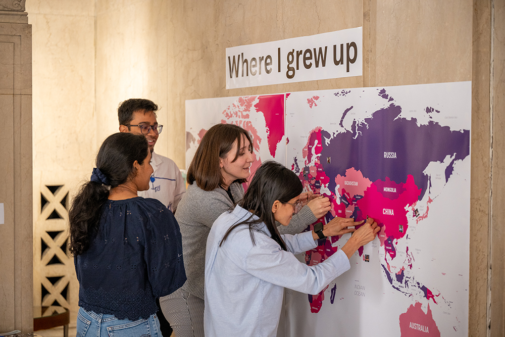 Welcome event for chemistry majors - students labeling a map indicating where they grew up