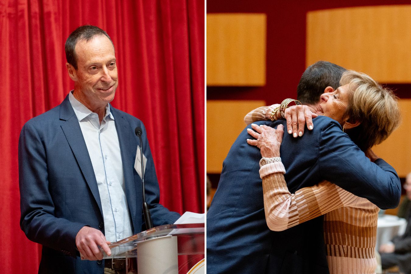 Left: Gordon Friedman speaking at podium; Right: Gordon and Cynthia Friedman embrace;