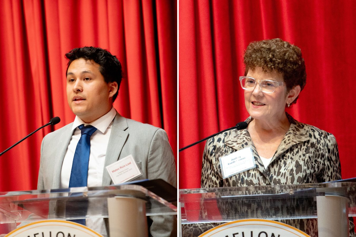 L: Student speaker Mateo Ruiz-Leal; Right: CMIST Director, Audrey Kurth Cronin making closing remarks