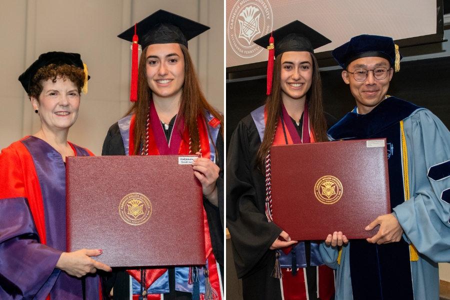 CMIST Director Audrey Kurth Cronin (left) and Ricky W. Law, Associate Professor & Director of Undergraduate Studies for the History Department (right) present Aleksaundra Handrinos' diploma during commencement weekend