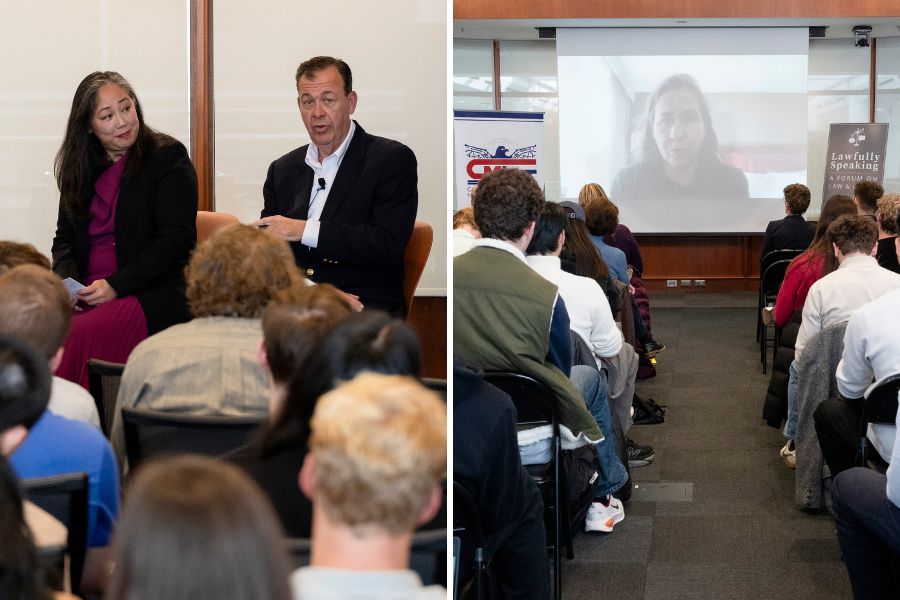 l to r: Mieke Eoyang and Brigadier General Greg Touhill; Ashley Deeks on screen