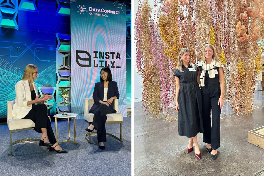 left: Cristin Connerney at the Data Connect Conference 2024, where she gave a talk titled "AI in Production," pictured with Iris Cheng, an early Instalily.ai engineer; right: While at Instalily, Connerney started the "Women in AI" Network with other early female engineers and is pictured hosting the "Women in AI Coffee & Breakfast SF Tech Week 2024"