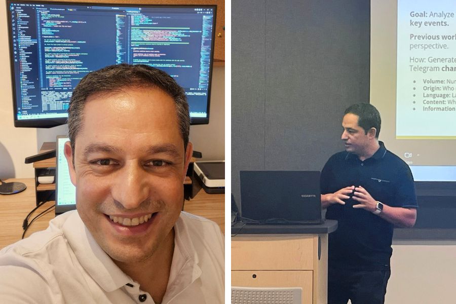 left:  Pablo Marín Vicuña currently works as an AI research and development manager at Banco Falabella; right: Marín Vicuña presenting his CMU capstone