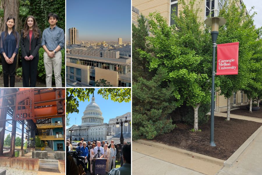 clockwise: Justin Lee (right) with fellow Summer Undergraduate Research Fellowship (SURF) students, photo of Amman, Jordan, taken by Zakareya Hamed during his internship, CMU Pittsburgh campus, the Mill19 RIDC property in Pittsburgh taken by Tehya Lim during a site visit, photo of Senator Von Hollen giving remarks outside the Capitol taken by Sabrina Courtis during her internship