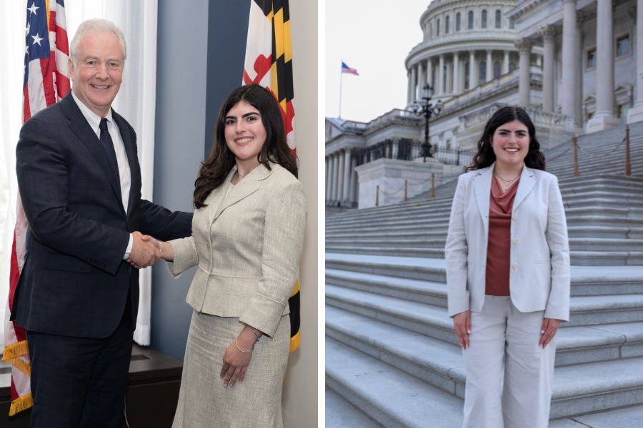l to r: Senator Chris Von Hollen shakes hands with Sabrina Courtis, Courtis stands in front of the Capitol