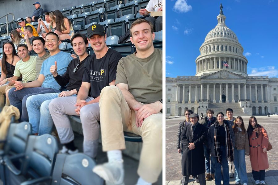 Left: CMIST graduate students at a Pittsburgh Pirates game; Right: Students participating in the Carnegie Mellon University Washington Semester Program in Spring 2025 in front of the Capitol 