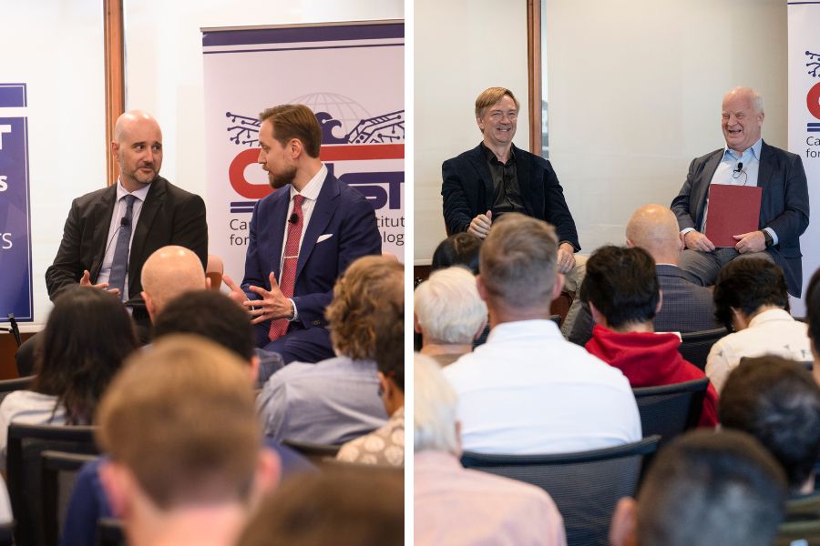 Left: Scientists & Strategists with Costa Samaras and Harry Krejsa; Right: Scientists & Strategists with Jeff Schneider and T.X. Hammes