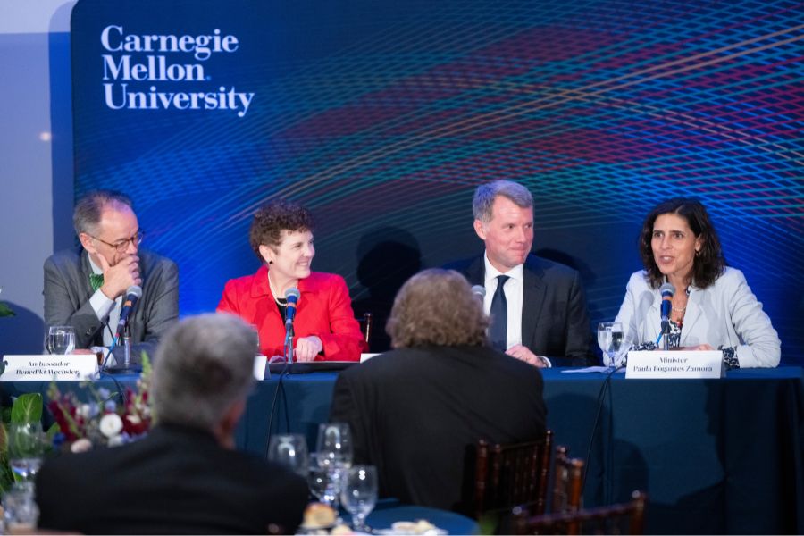 Left to right: Ambassador Benedikt Wechsler of Switzerland, Professor Audrey Kurth Cronin, US Ambassador Nathaniel Fick, and Minister Paula Bogantes Zamora of Costa Rica