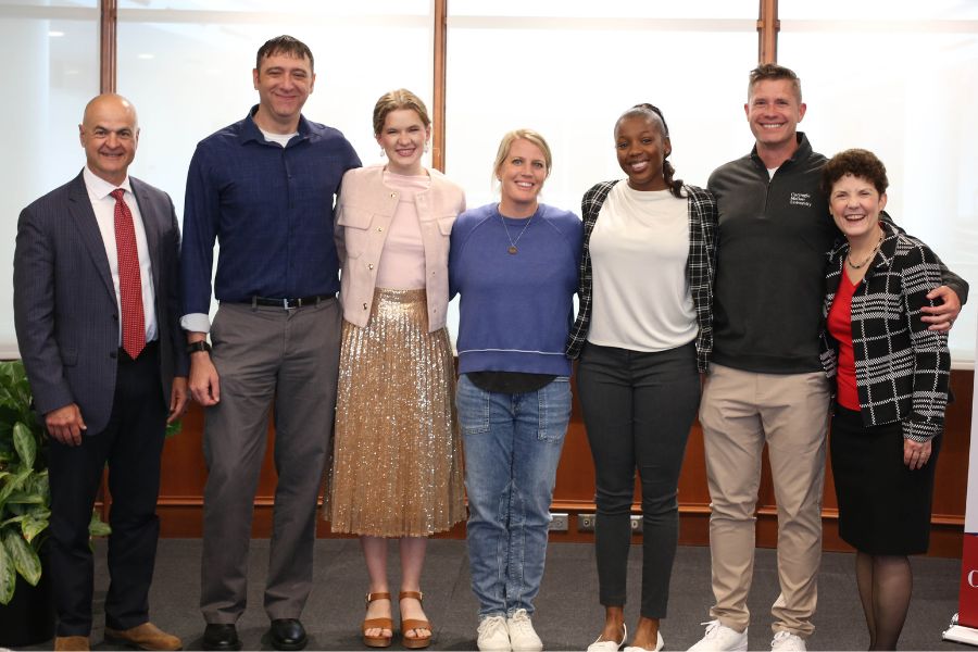 From left to right: CMIST Deputy Director for Security Policy Studies Ralph López, Lieutenant Colonel Michael Duval, Dr. Nicole Kliewer, Commander Heather Thomas, Major Ronisha Carter, Captain M. Scott Austin, and CMIST Director Audrey Kurth Cronin