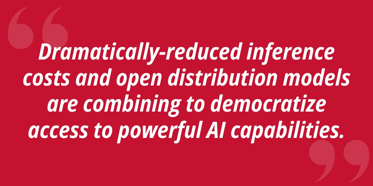 Dramatically-reduced inference costs and open distribution models are combining to democratize access to powerful Al capabilities.