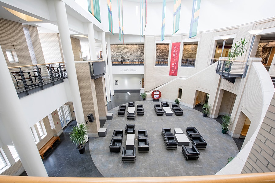 Photo of Kirr Commons from a balcony to the side of the Black Chairs