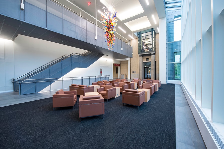 Photo of Lee Lobby from corner with a view of the exit doors
