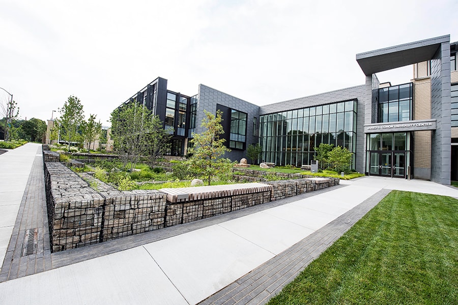 Photo of the Rain Gardens from the sidewalk looking towards the Cohon Center