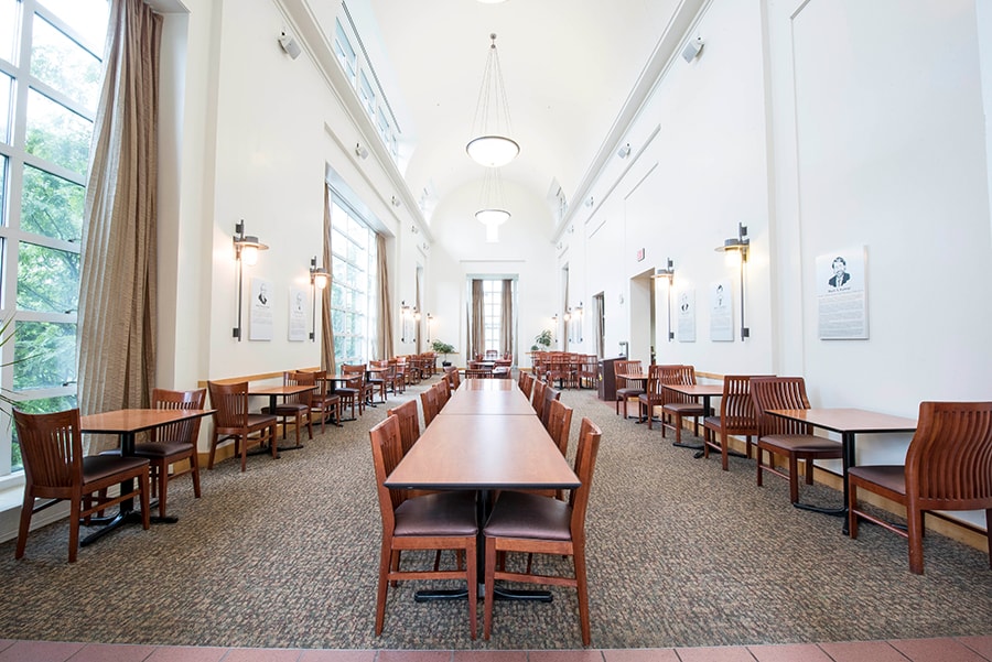 Photo of Schatz Dining Room with a view down aisle towards windows